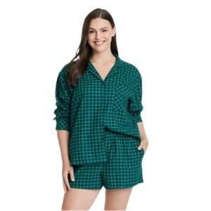 Auden Women's Check Flannel Long Sleeve Top and Shorts Pajama Set Green NWT  XL